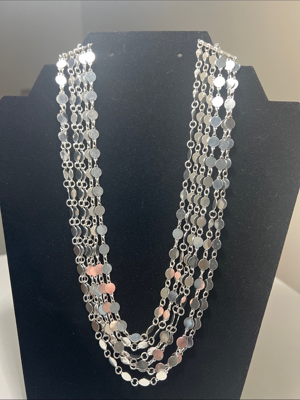 Sparkling Multi-Strand Silver Tone Disc Statement Necklace - Vintage - Picture 4 of 16